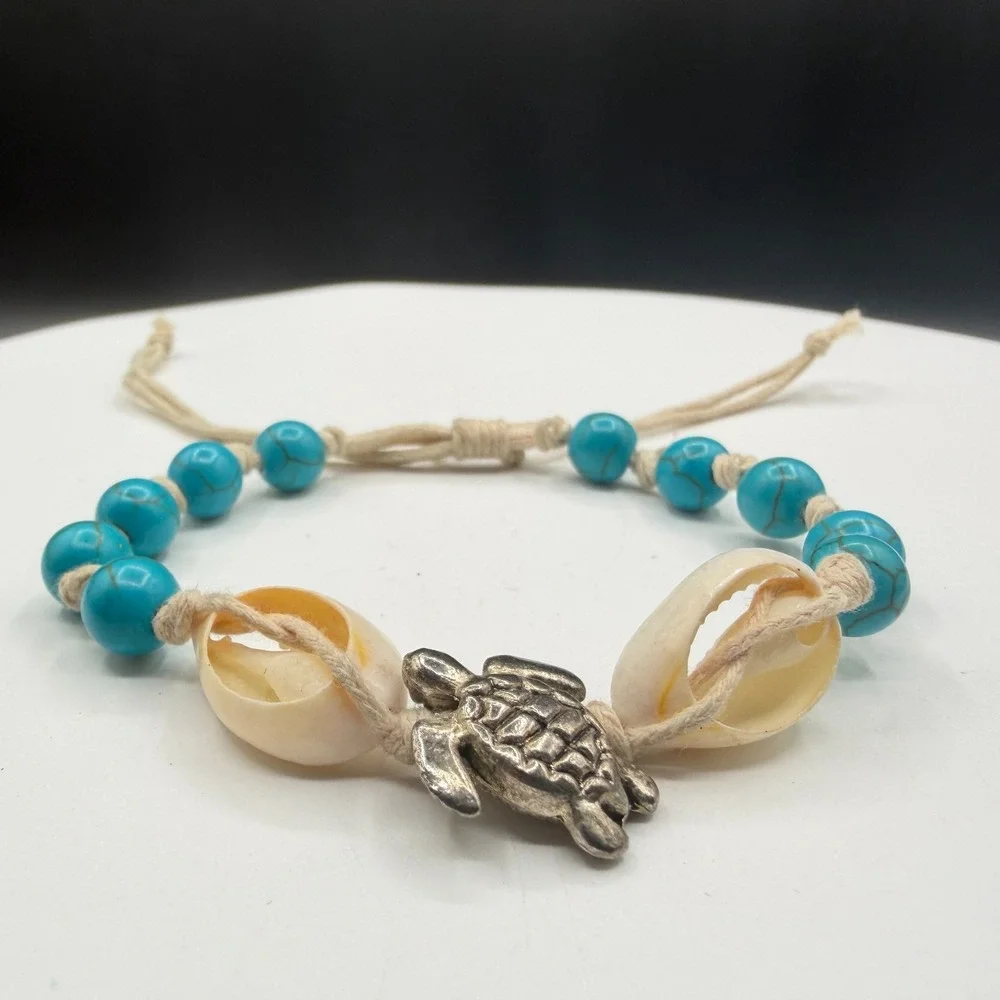 Boho Sea Turtle Bracelet Blue Beads Cowrie Shell Adjustable Beach Surfer Gift